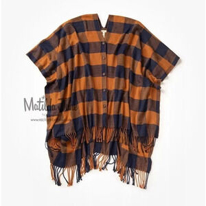 Matilda Jane Womens Buffalo Plaid Button Front Fringed Poncho Navy Orange OS